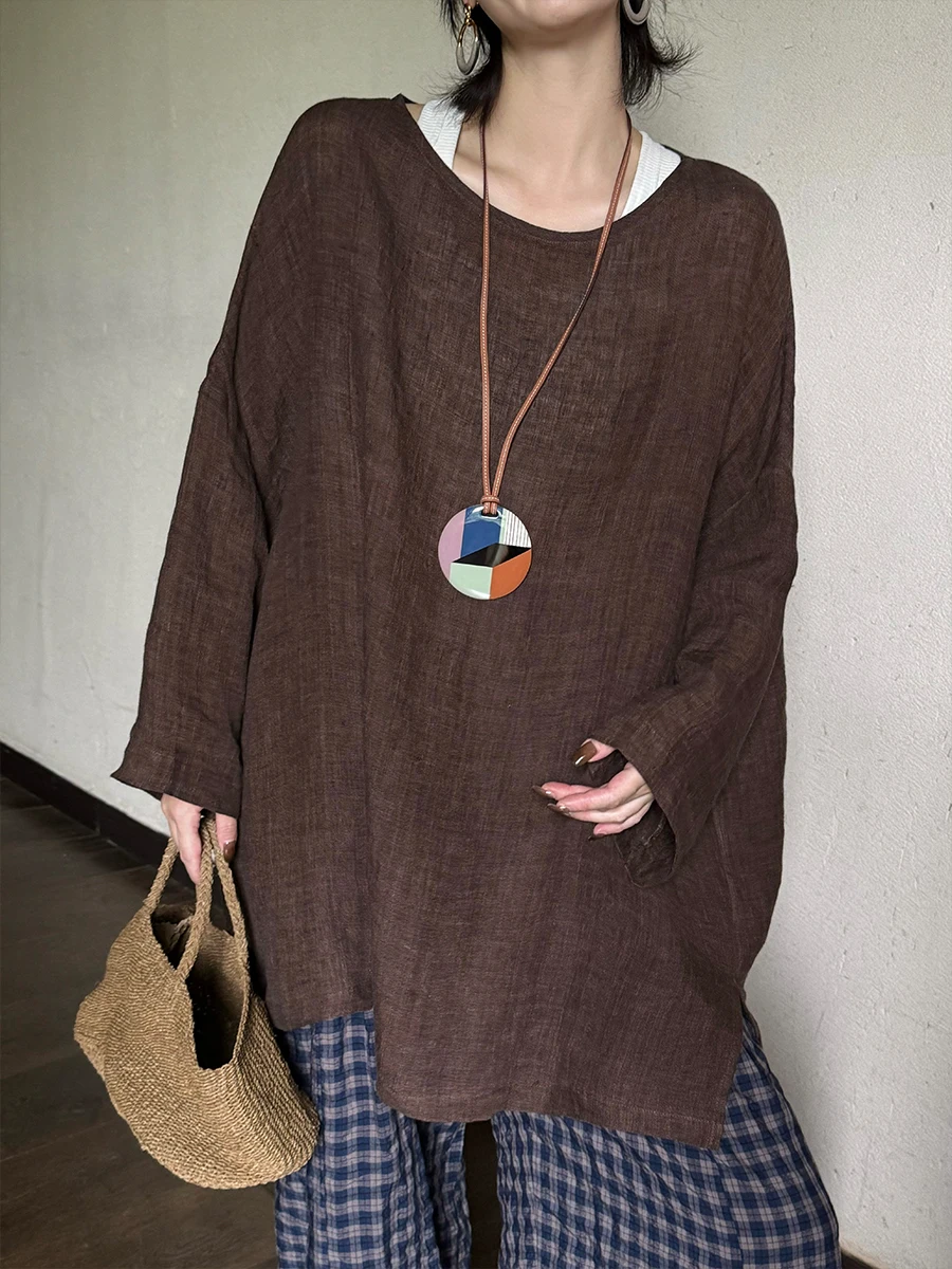 

Женская комфортная дышащая длинная рубашка Owi из жатого льна пастельных тонов с боковыми разрезами, свободного кроя, для повседневной носки