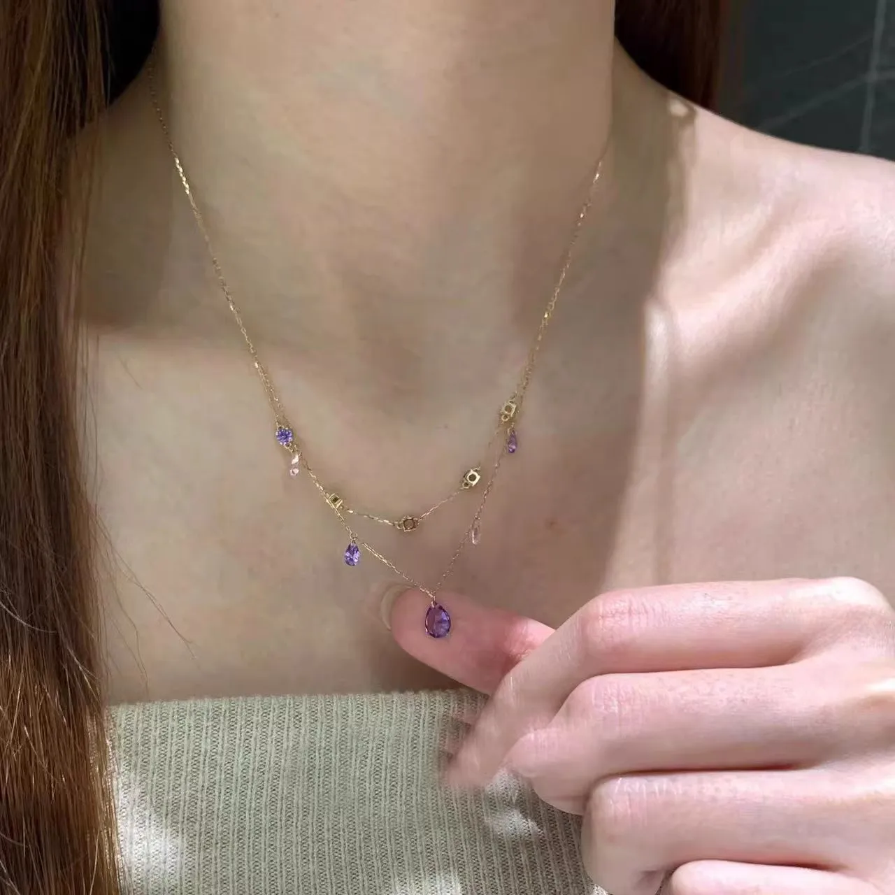 S925 SterlingSilverNecklace Amethyst Swaying Purple Water Drop Zircon Pendant Necklace Female Double Layer Simple Clavicle Chain