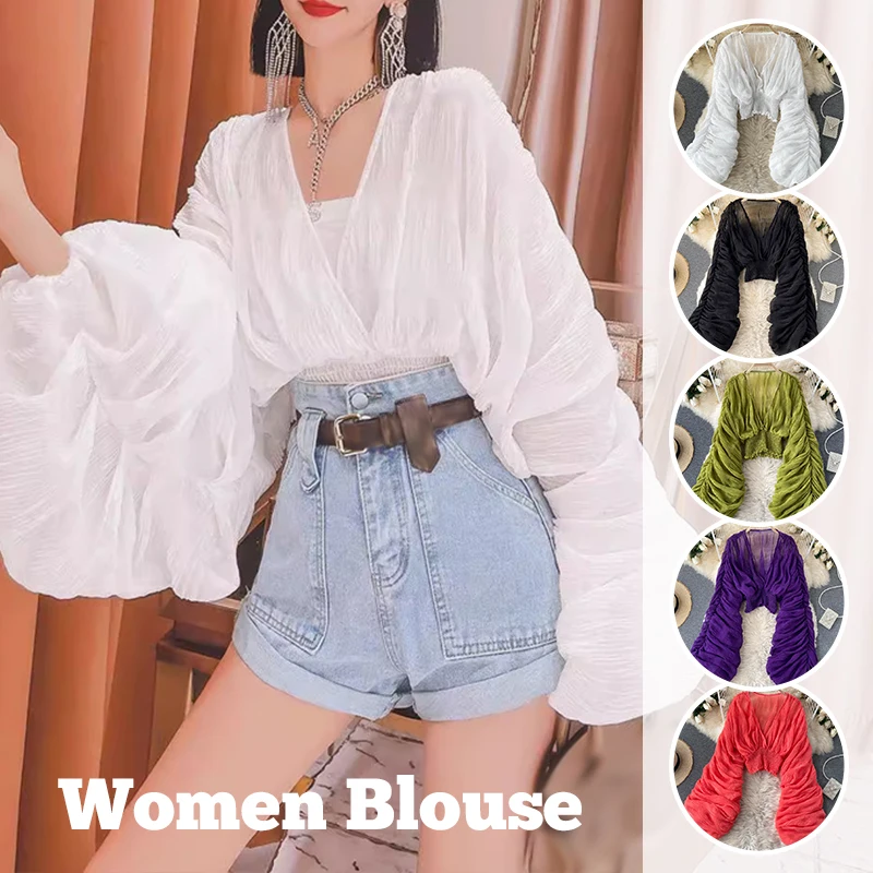 

Ins Summer Sexy Draped Chiffon Blouse For Women Elegant V-Neck Puff Long Sleeve Short Tops Female Slim Party Shirts 2025