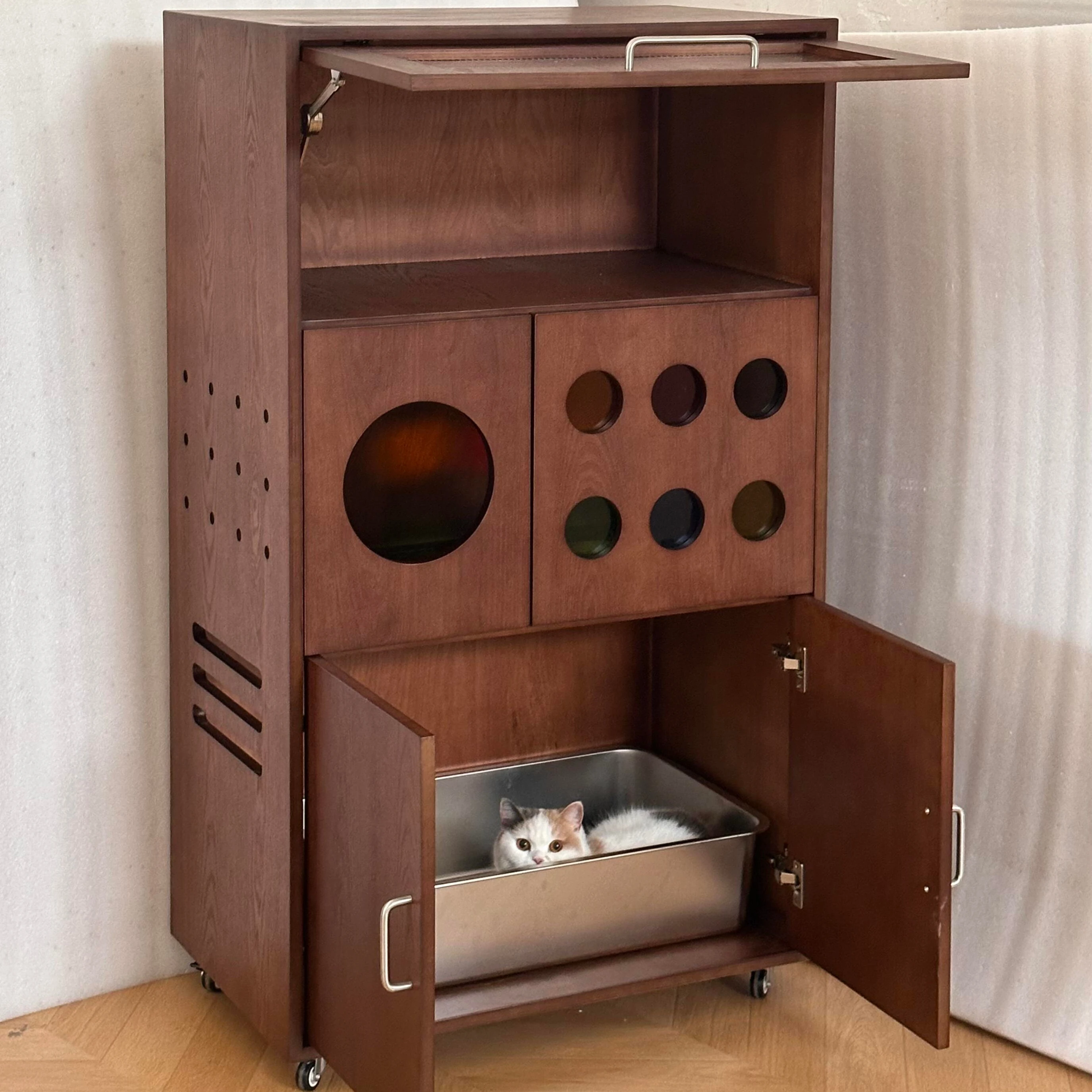 

Luxury Wooden Cat Furniture Hidden Box Cabinet + Climbing Tower Stylish Space-Saving Cat Villa for Home Use