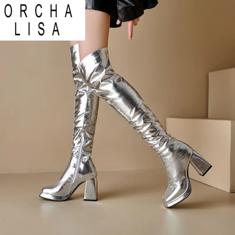 

ORCHA LISA/брендовые модные женские сапоги до бедра на блочном каблуке, размер на платформе 44, 45, 46, пикантные вечерние женские длинные ботинки