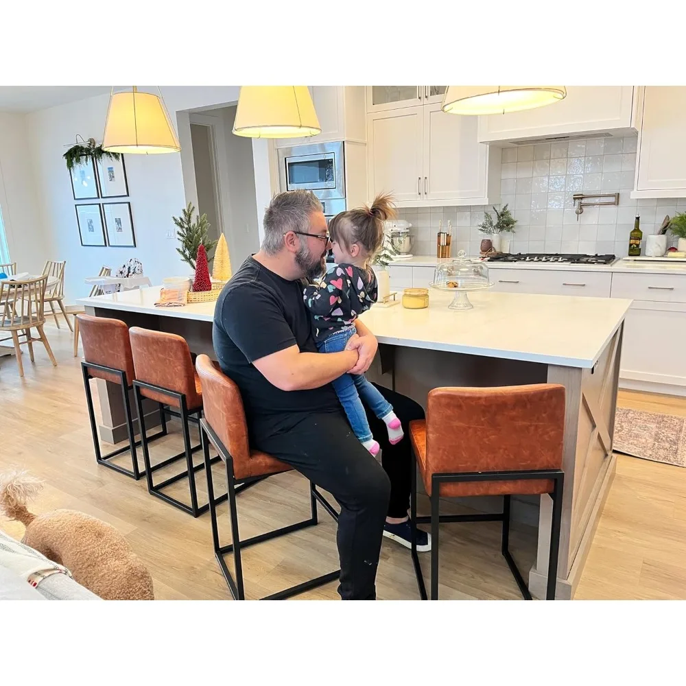 24” Bar Stools Set of 3 Counter Height Bar Stool Pu Leather Kitchen Modern Bar Stools with Backrest Upholstered Footrest