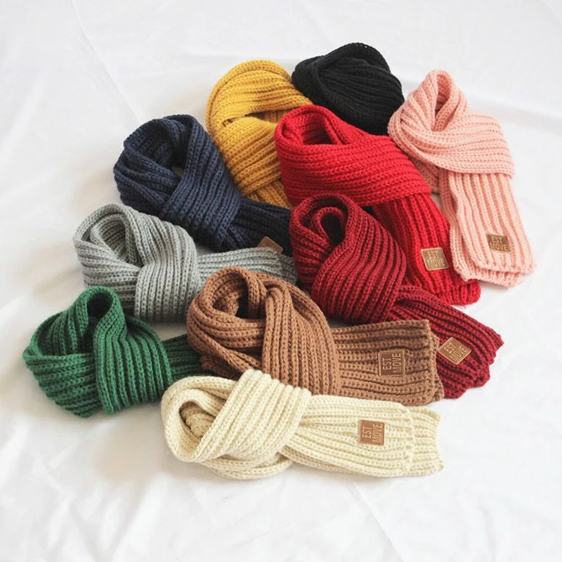 Winter Baby Knitted Scarfs Leather Lable Cross Kids Neck Warmer Children Boys Girls Scarves Baby Accessories 9*110cm 1-6Y