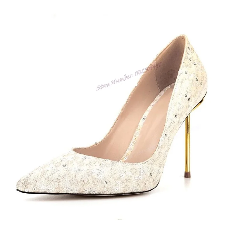 

Apricot Sequin Metal Heel Pumps Pointed Toe Shoes for Women Thin High Heels Sexy Party Wedding Shoes 2023 Zapatos Para Mujere