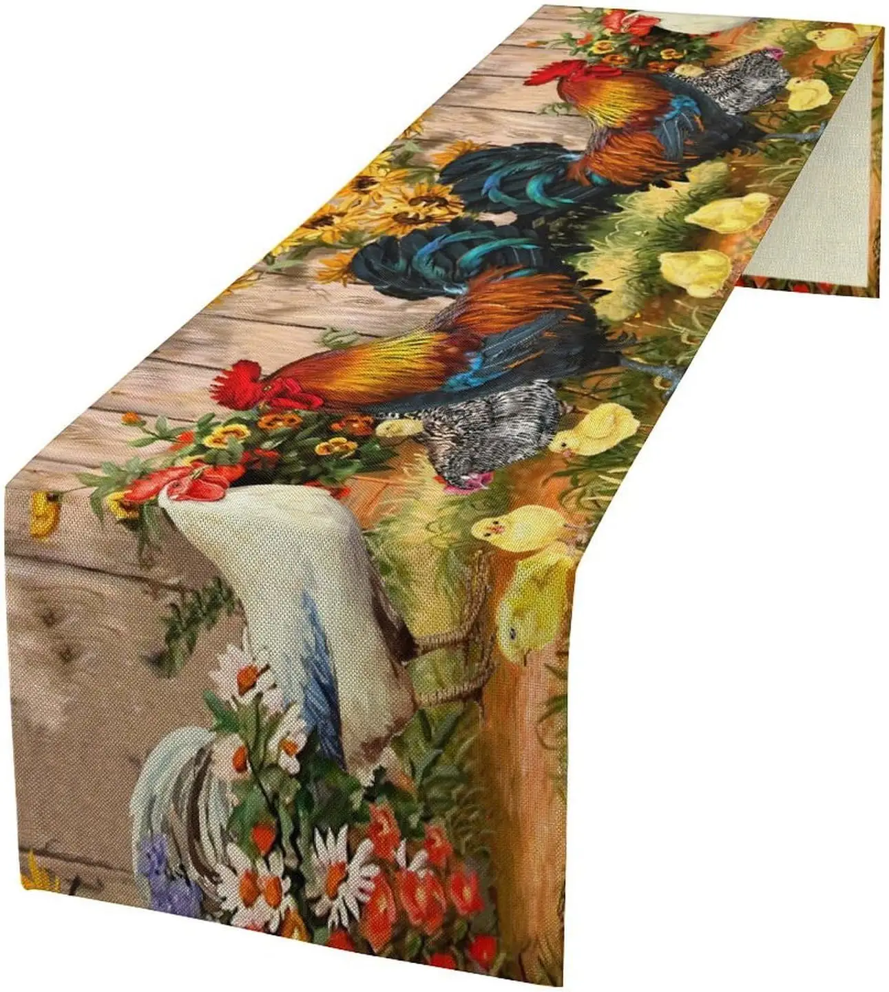 Farm Rooster Linen Table Runner Holiday Party Decor Watercol