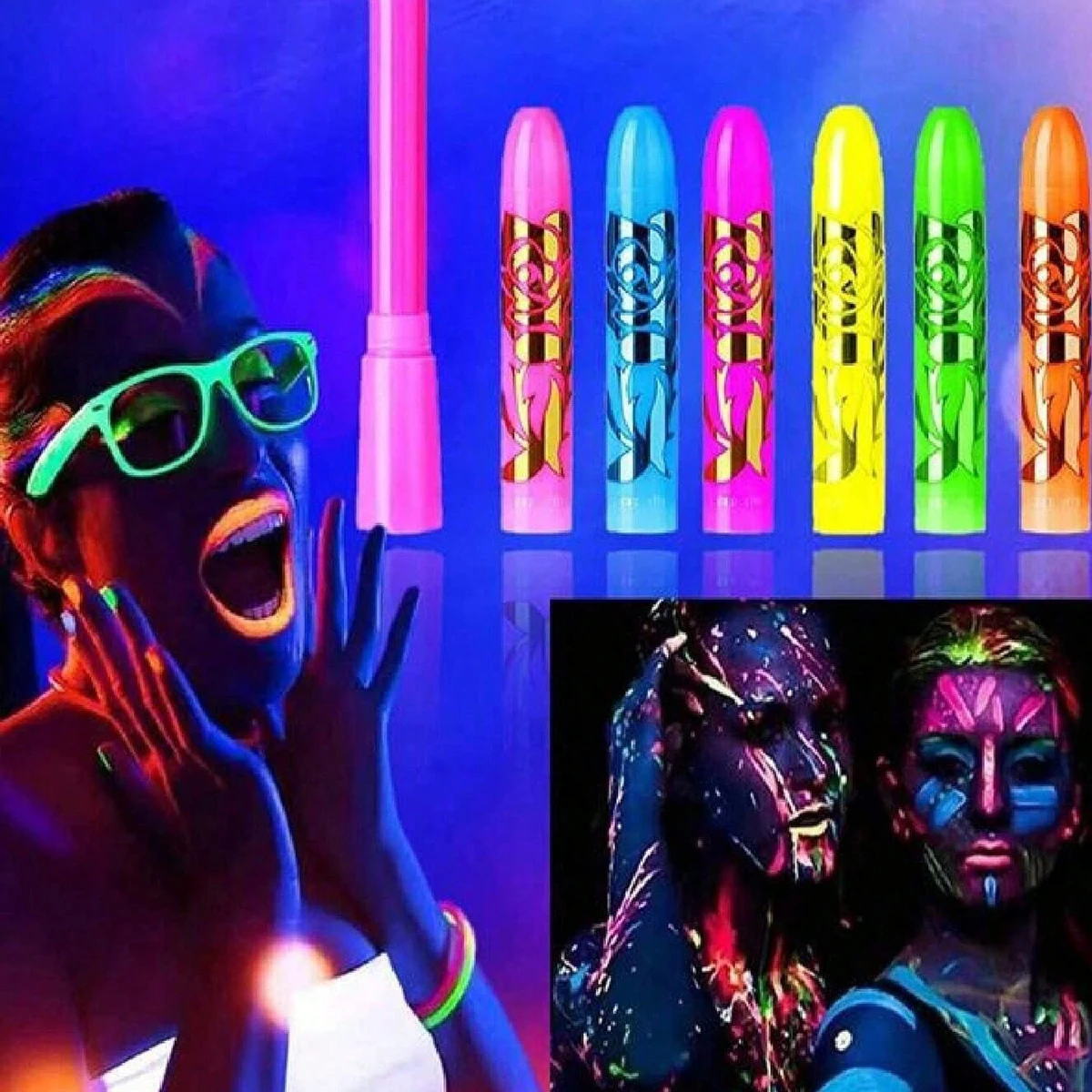 6pcs Glow In The Black Light Face & Body Paint, UV Neon Glow Fluorescent Face Paint Crayons For Club Makeup Glow Party Glow In