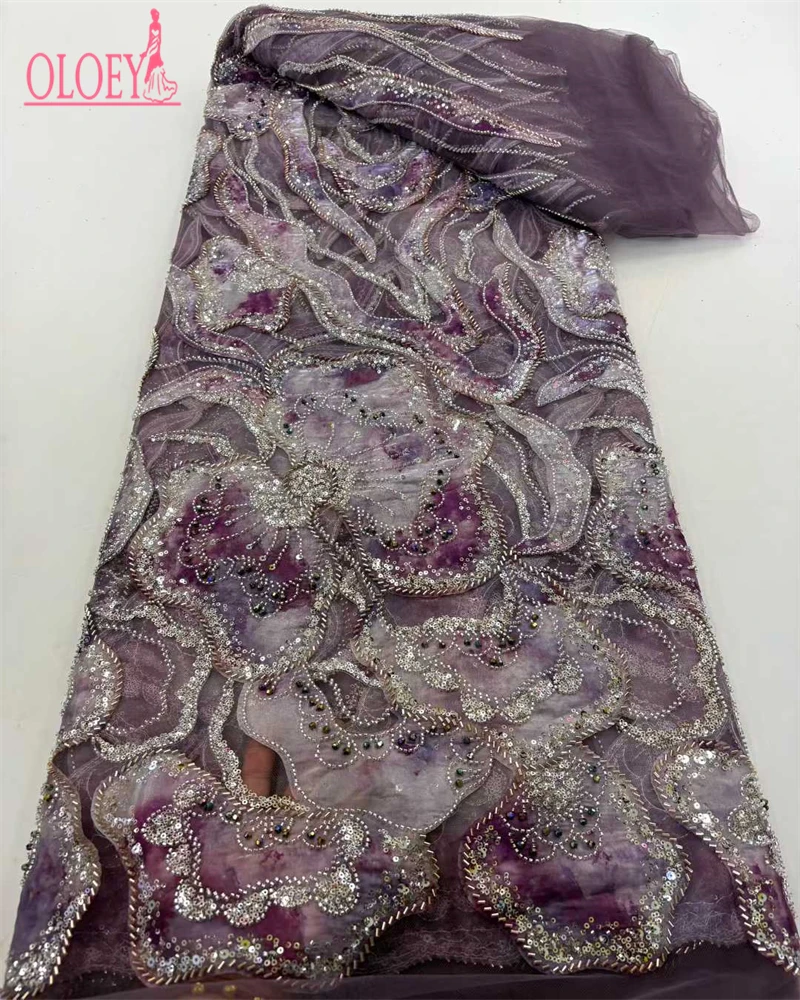 Oloey africano nigeriano francês net noivo bordado tule lantejoulas tecido de renda bonito luxuoso frisado renda para casamento