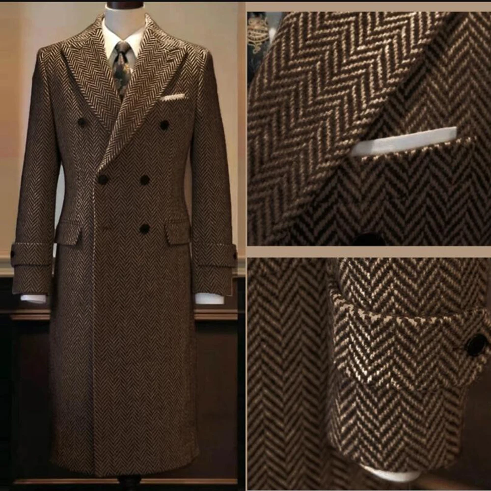 

Ретро пиджаки с узором «елочка», двубортные мужские пиджаки, наряды на заказ, пальто для банкета, ужина, вечеринки, длинное пальто Ropa Hombre