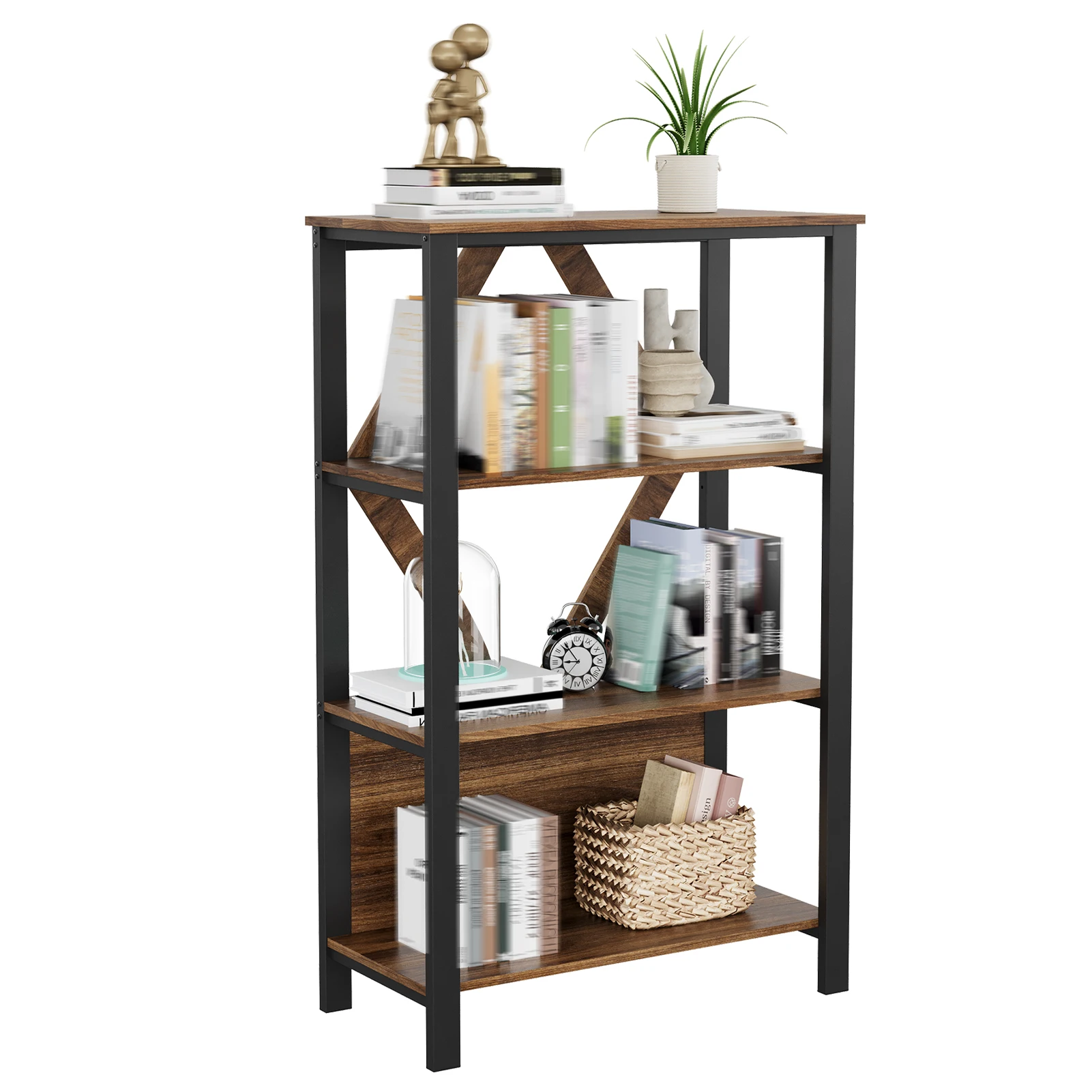 Industrial Bookshelf with Dimmable RGB LED Lights – Freestanding Metal & Wood Open Display Shelf for Home Office, Living Room – Rustic Brown