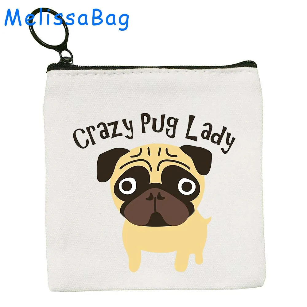 Funny Poppy Cute Pug Lover Gift DOG Cartoon Pug Dad Mom Adorable Canvas Coin Purse Key Case Card Storage Bag Wallet Zipper Pouch