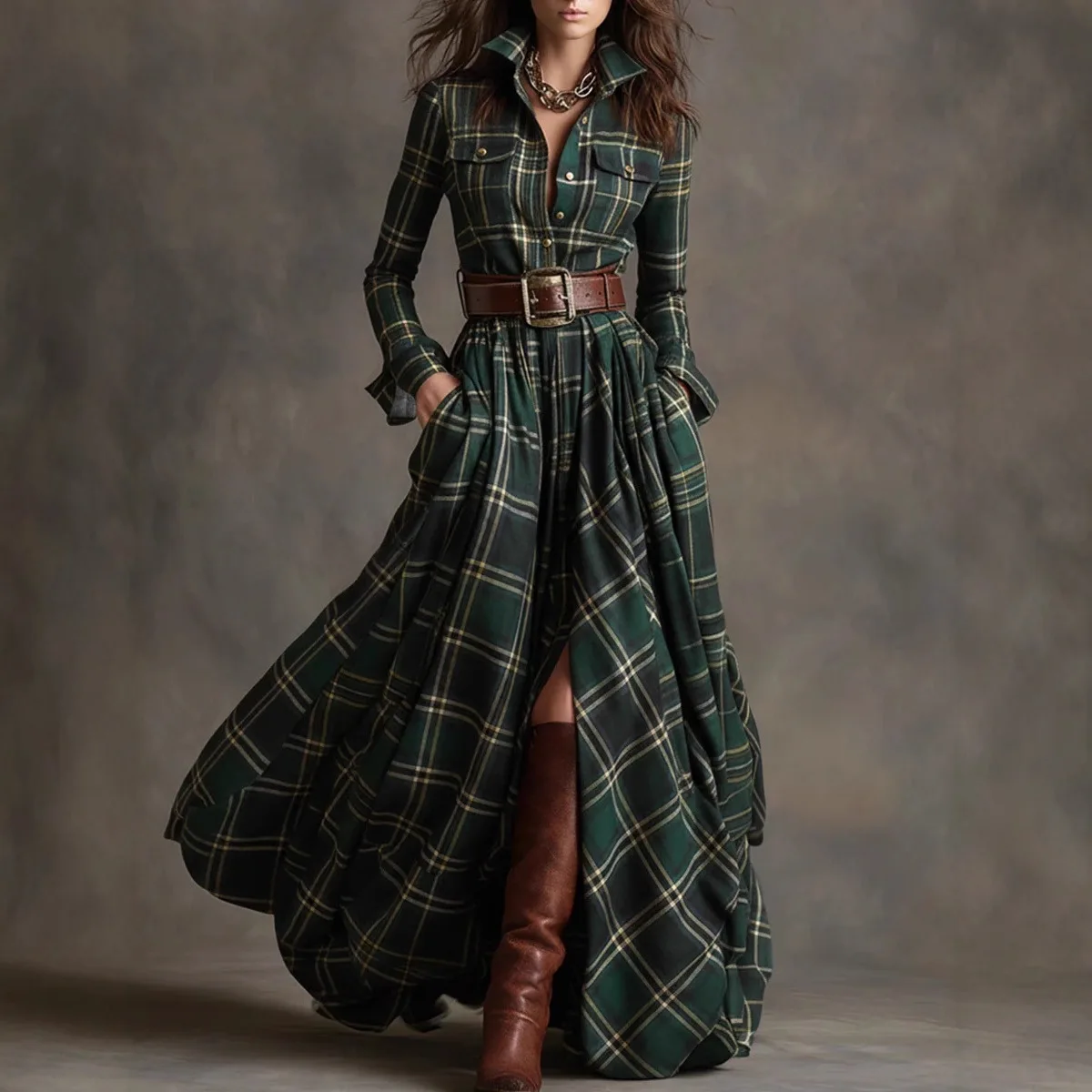 

2025 Vintage Plaid Maxi Dresses Women Elegant Lapel Belt Long Gowns Chic Lady Long Sleeves High Waist Dress Autumn Robes Clothes