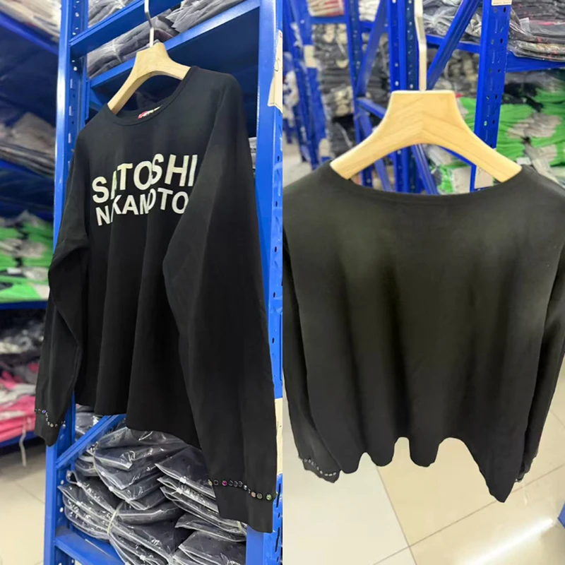 New Arrival SATOSHI NAKAMOTO Crew Neck Long Sleeve Tee Bold Letter Graphic Rhinestone Rivet Cuff Streetwear