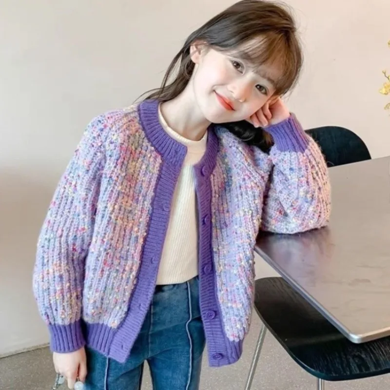 

2025 New Women's Kids Korean Style Loose Knit Sweater Coat for Baby Girls, Stylish Outerwear