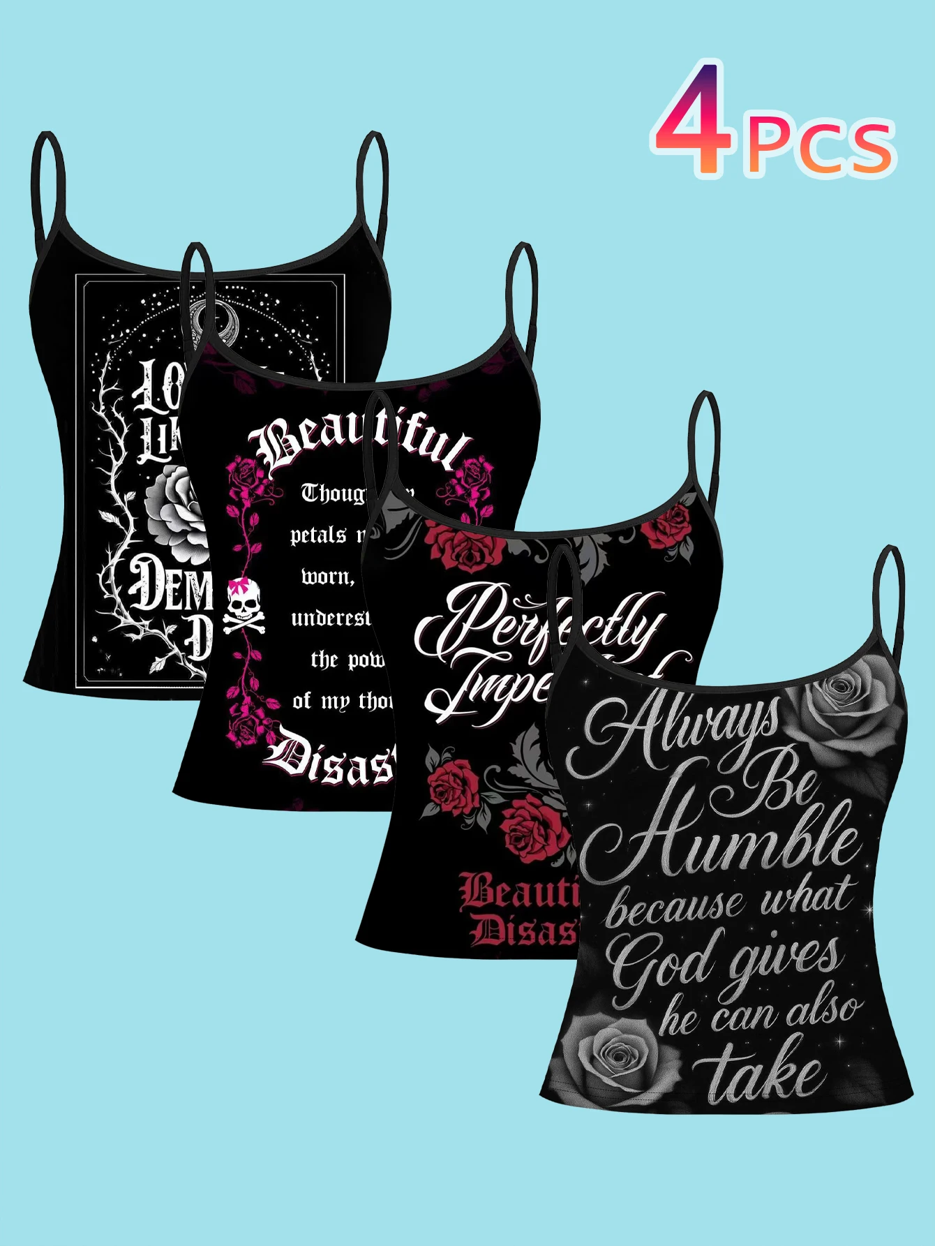 4-Piece Set of Gothic English Slogan Rose and Skull Print Camisoles, Black Background with Vintage Cursive Text, Red Rose and Thorn Design, Women's Slim-Fit Spaghetti Strap Sleeveless Tops for Outerwear or Layering