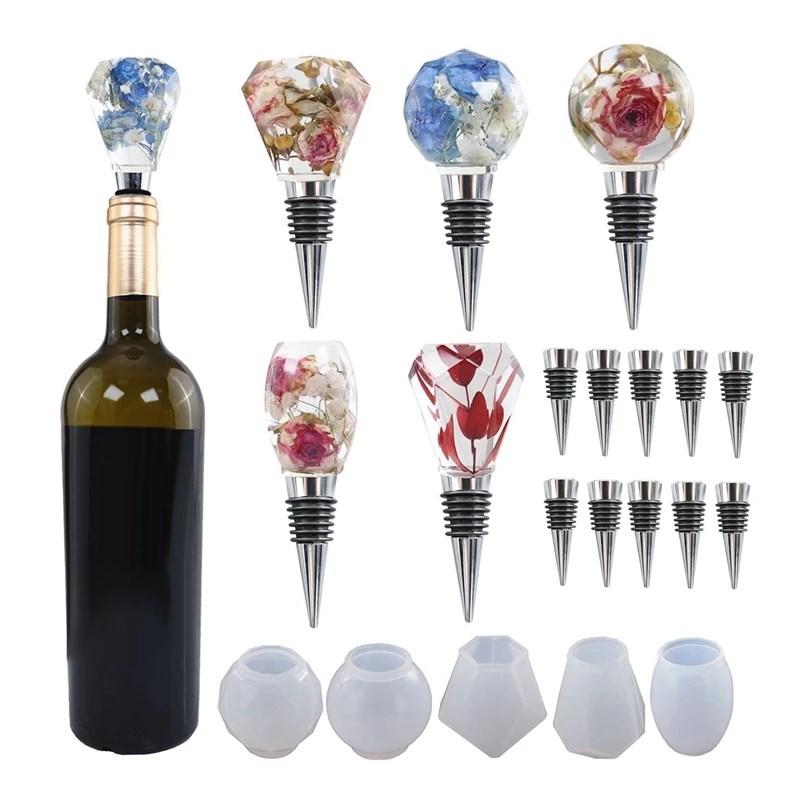 5 Piece Geometric Spherical Bottle Stopper Resin Casting Molds, W/10Pcs Stoppers, Wine Bottle Stopper Silicone Molds