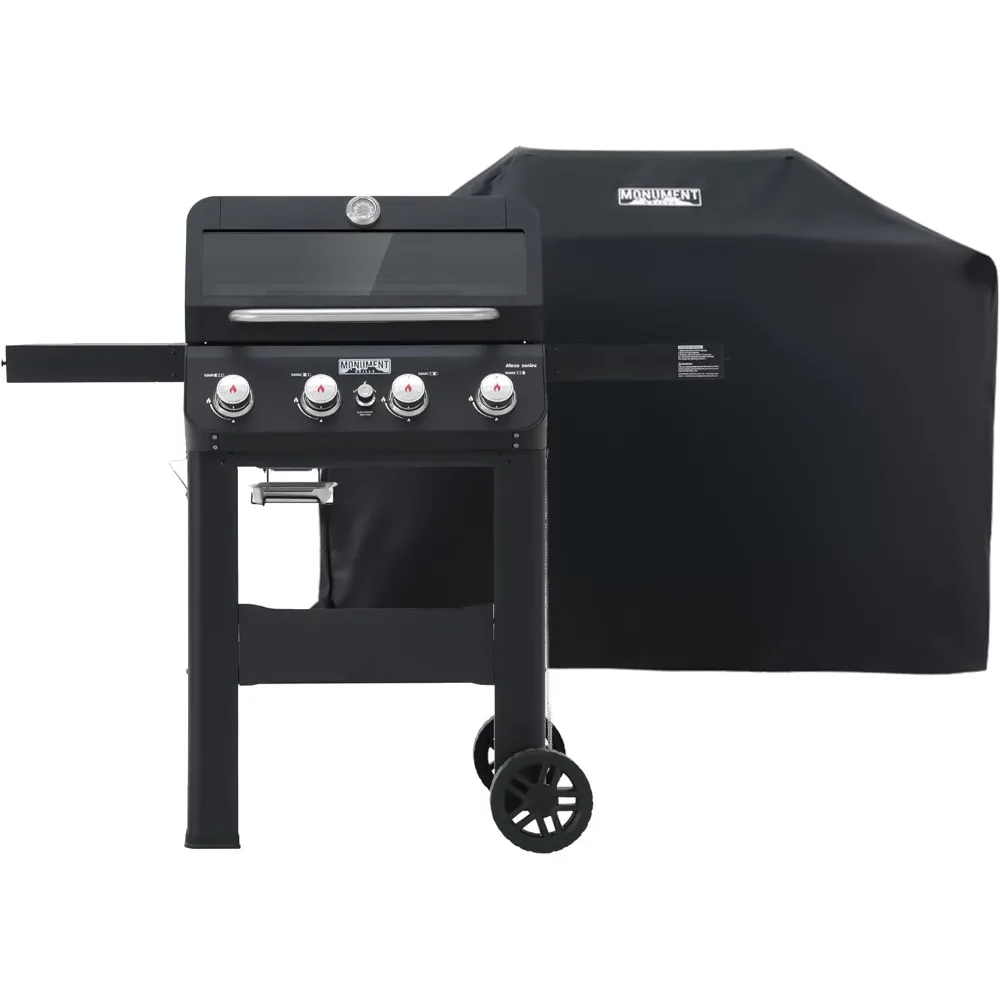 

4-Burner Liquid Propane Gas Grill, Matte Black Stainless Steel Burner Grill with Clearview® Lid, One Foldable Shelf for Outdoor