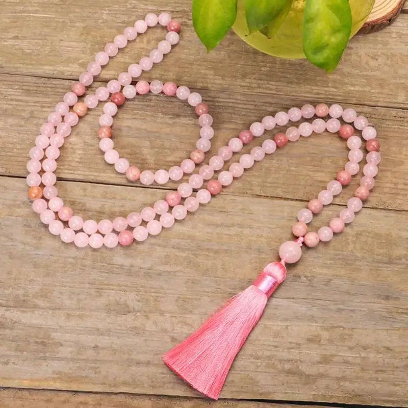 

Natural Rose Quartz Gradient 108 Mala Beads Necklace with Pink Tassel Love & Heart Chakra Healing Crystal Jewelry