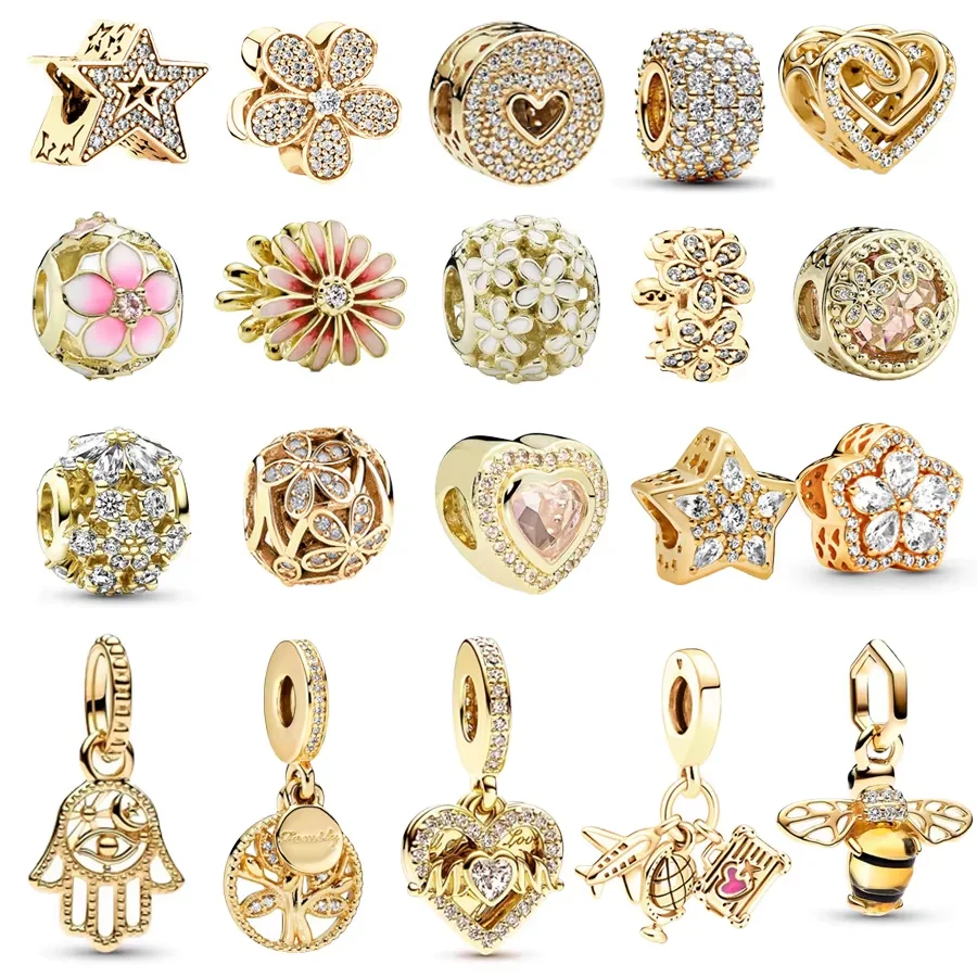 925スターリングシルバーメッキゴールドパヴェチャームビーズ、ピンクのデイジーフラワーとスノーフレーク、DIYジュエリー、オリジナルブレスレットにフィット、新しい