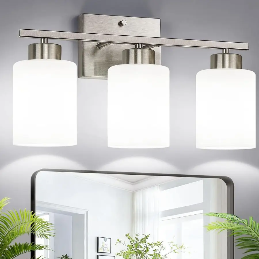 

Никелевые светильники для ванной комнаты с абажурами из молочного стекла, 3-световые светильники для туалетного столика EyeFriendly для ванной комнаты, светильники для туалетного столика с E26 So