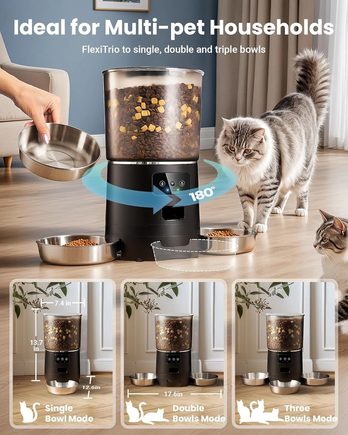 Automatic Cat Feeder for 3 Cats,6L/25 Cups Smart WiFi Pet Feeder,Strong Anti-Jam System,Dual-Effect Desiccant Cat Food Dispenser