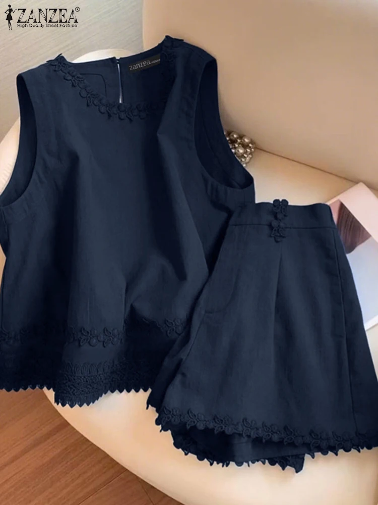 

Plus Size 5XL ZANZEA Summer Short Sets Fashion Two-piece Outfits Sleeveless Ruffled Tops and Vintage Casual Elastic Waist Short