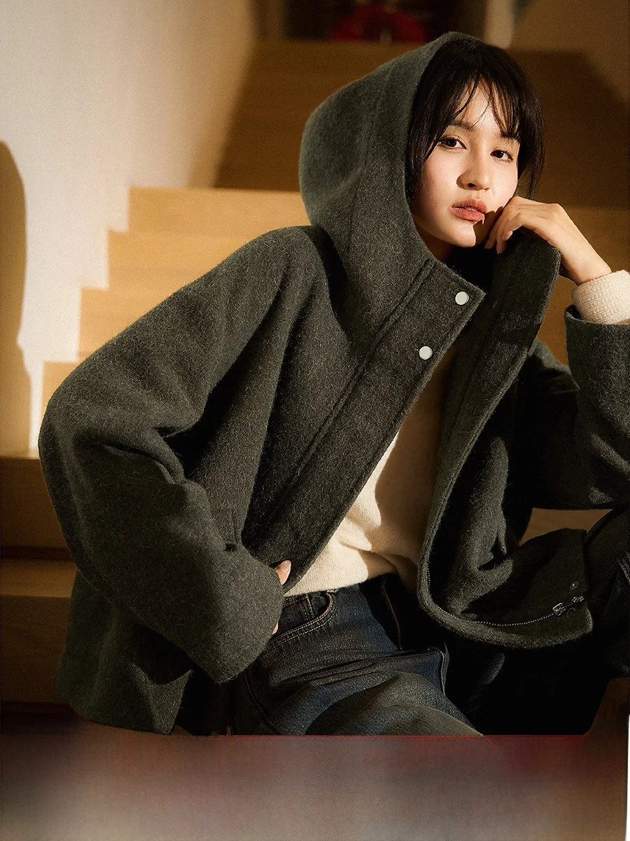 

ternoon Latte Woolen Coat ort Herringbone Pattern with Hood Stand Collar Long Sve Zipper Closure Fem Outerwear
