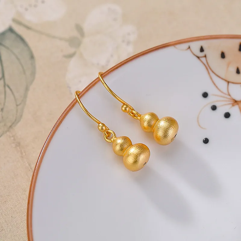 Amxiu Sterling Silver 925  Gold-Plated Ancient Matte Gourd Simple National Trend New Chinese Style Ear Hook Earrings