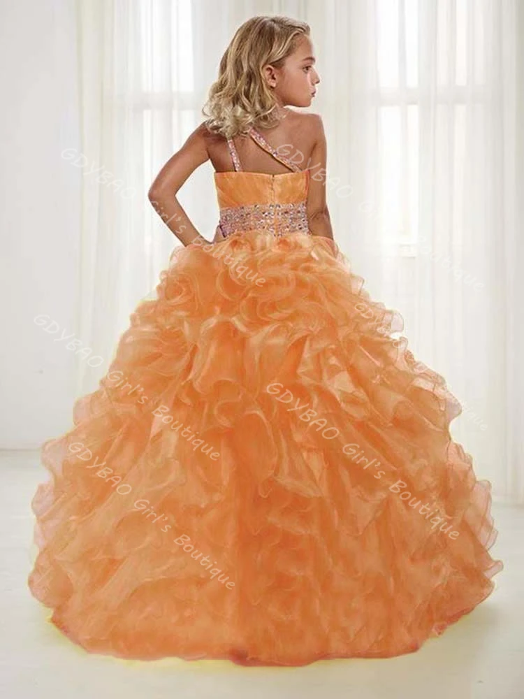 Vestido de desfile amarillo para niñas, vestido de princesa de Organza escalonado con un hombro de cristal, vestido de flores para boda, ropa personalizada para niños