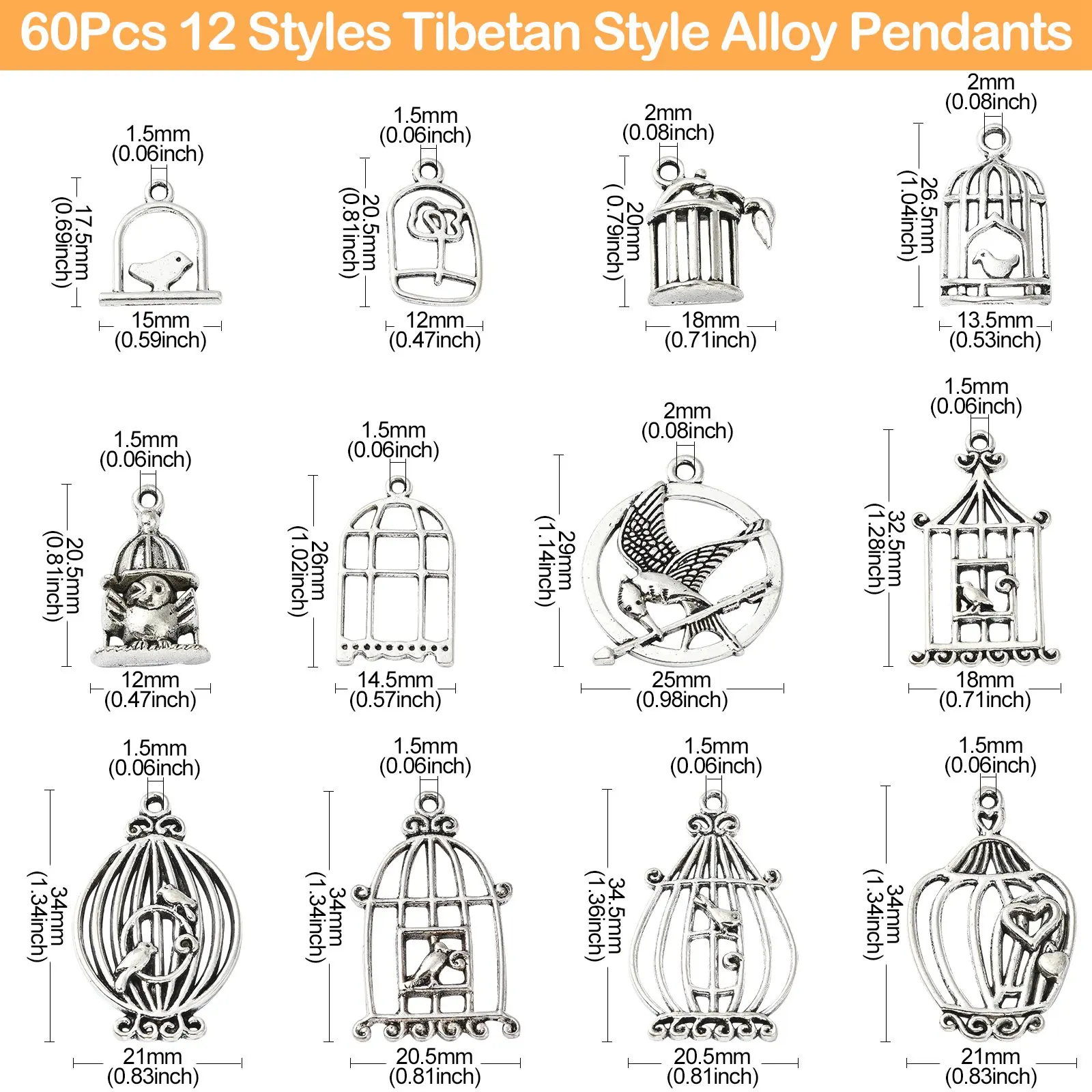 Pandahall 60Pcs Mixed Styles Tibetan Bird Cage Charms Antique Silver Spring Bird House Charms for Jewelry Making Supplies