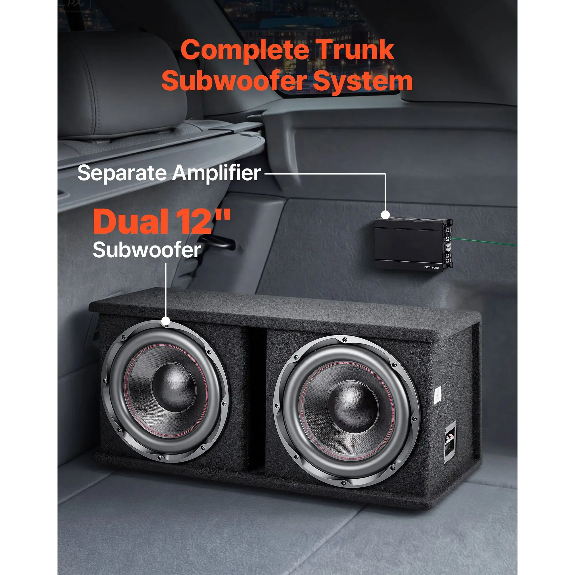 Subwoofer Bass Package, 12 in, 1200W RMS, Dual Car Audio Subwoofer and Amp Package, with Loaded Enclosure, Separate Amplifier, and Wiring Kit, for Various Vehicles Trunks, Car Audio Systems