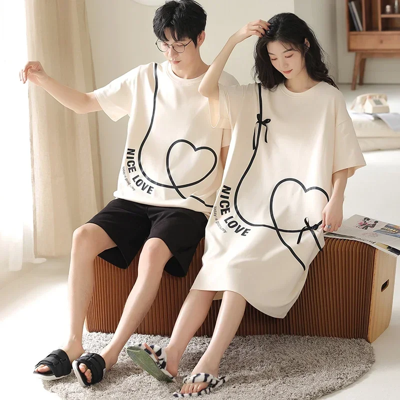 Summer Couple Pajama Sets 100%Cotton Men Short Sleeve Pyjamas Sexy Women Nightgown