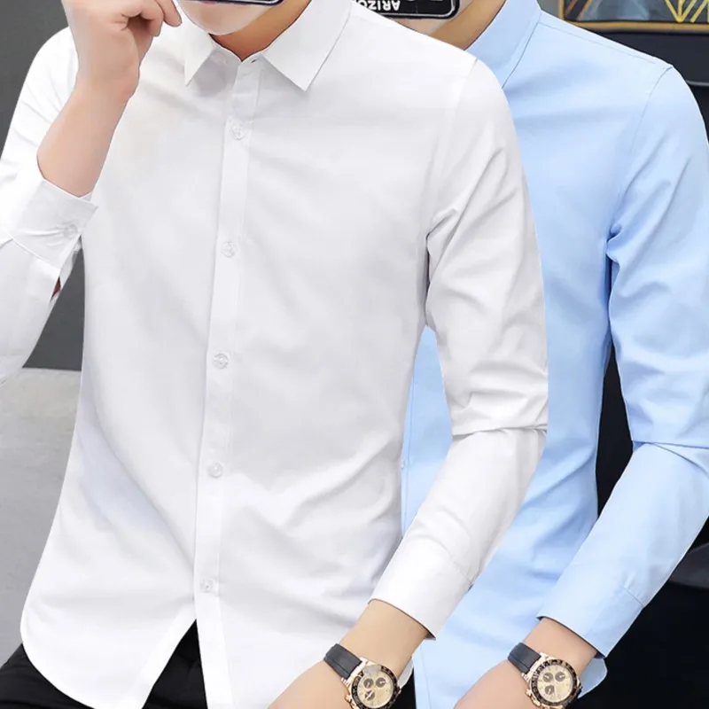 High Quality Casual Work Men\'s Shirt Long Sleeve White Blue Slim Business Top Large Size M-5XL Top Gentleman All-match