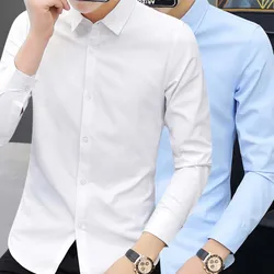 High Quality Casual Work Men's Shirt Long Sleeve White Blue Slim Business Top Large Size M-5XL Top Gentleman All-match