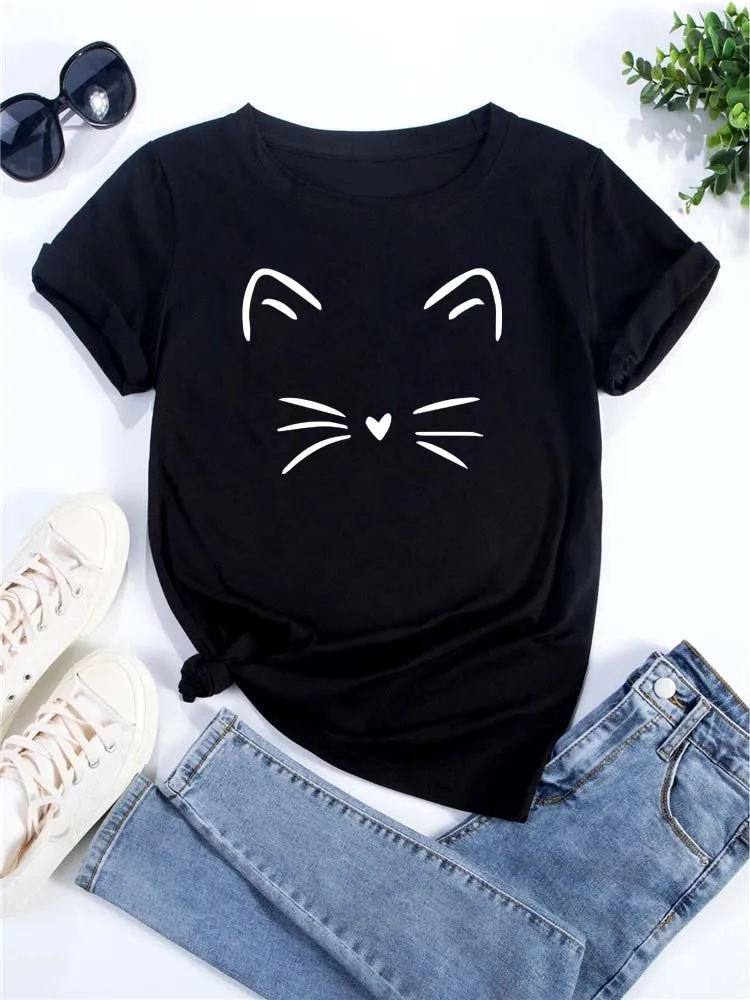 New Cute Love Heart Cat Print Women T-Shirt Casual Short Sleeve Top Summer Odzież damska Cartoon Streetwear Y2k Clothes