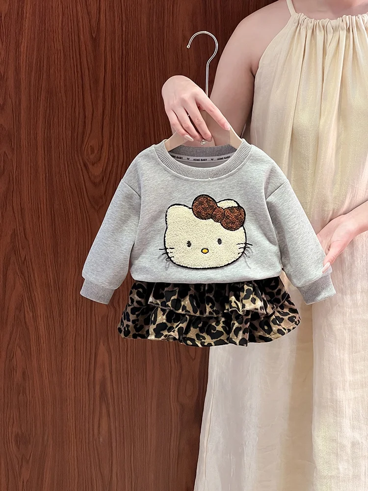 

Girls' Spring Autumn 2026 New Cartoon Cute Sweatirt Leopard Print Skirt Baby Faion Two-Piece Set Long Sve Regular Length