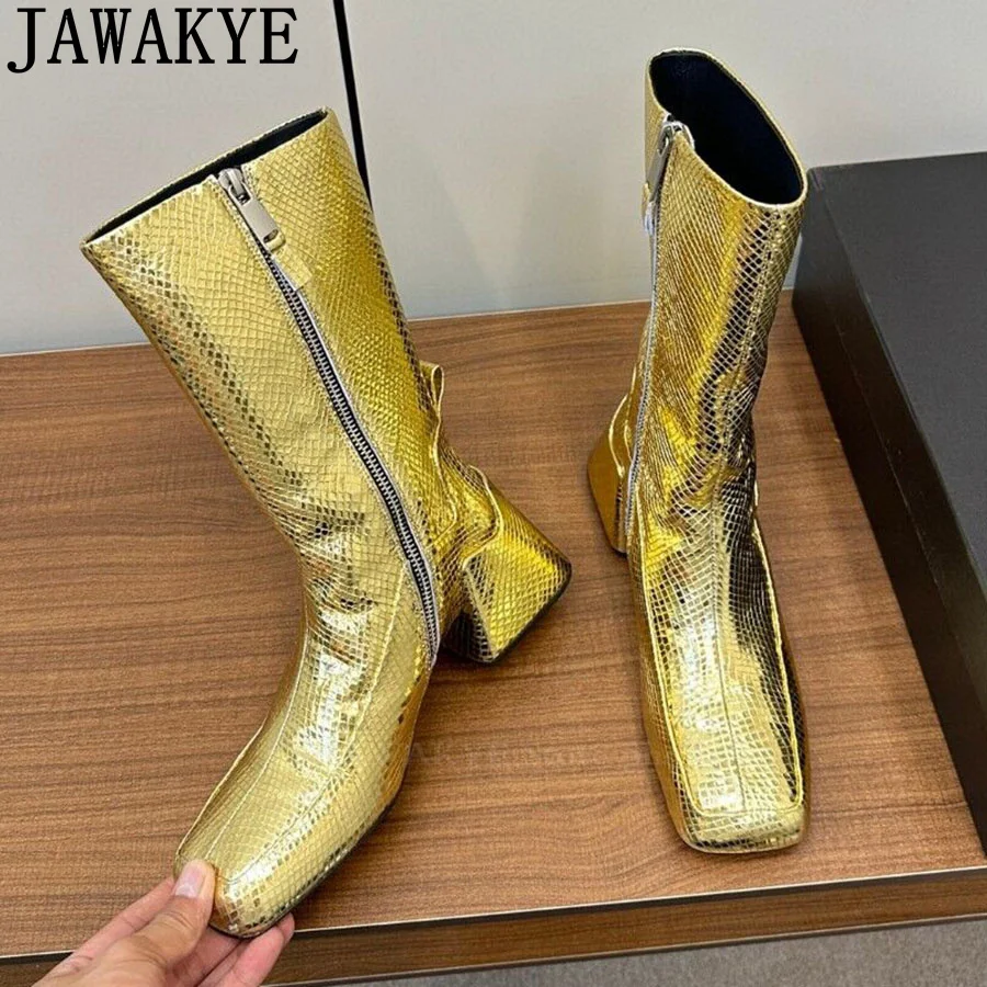 Glitter Square Toe Chunky Heel Punk Boots Women Real Leather Side Zipper Slip-On Ankle Boots Winter Runway Fashion Week Boots