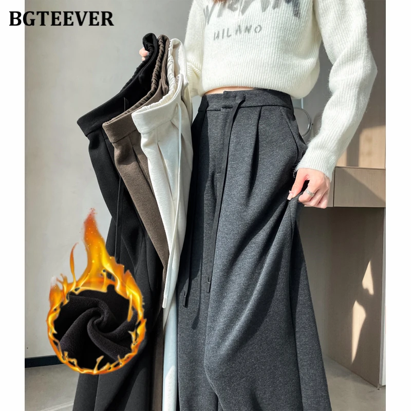 BGTEEVER Winter Warm Woolen Pants for Women High Waist Lace-up Thicken Velvet Long Wide Leg Trousers Female