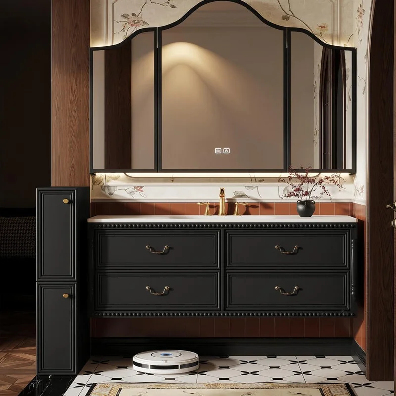 French Vintage Oak Vanity Sintered Stone Hot Bending One-Piece Basin Bathroom Combo Side Cabinet Hand Wash Sink Furniture