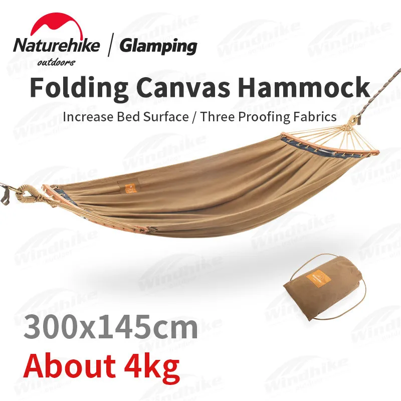 Naturehike Folding Canvas Hammock Waterproof Outdoor Camping 2 Persons Hammock Double Swing Detachable Portable 1.4m Widen