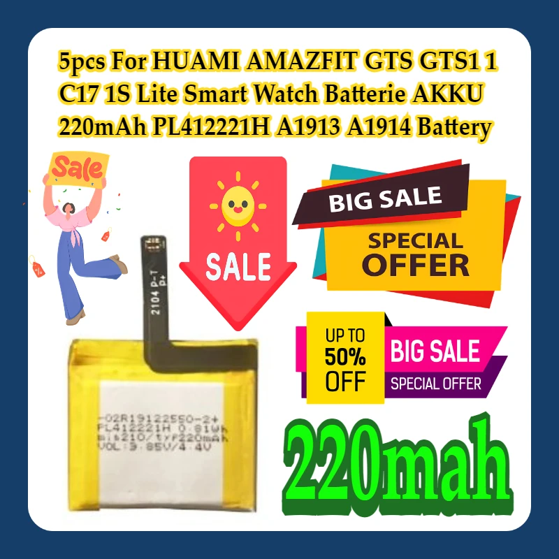 5pcs For HUAMI AMAZFIT GTS GTS1 1 C17 1S Lite Smart Watch Batterie AKKU 220mAh PL412221H A1913 A1914 Battery