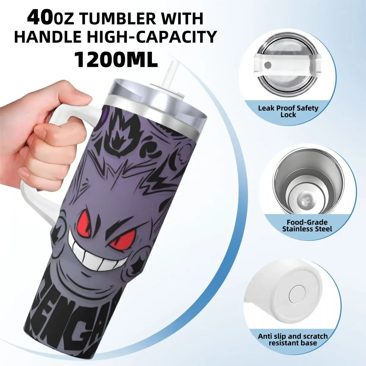 Gobelet en acier inoxydable Pokemon Gengar Anime, jeu populaire, tasse thermique de plage, pailles et couvercle, tasses de voiture, bouteille d'eau froide, 40oz