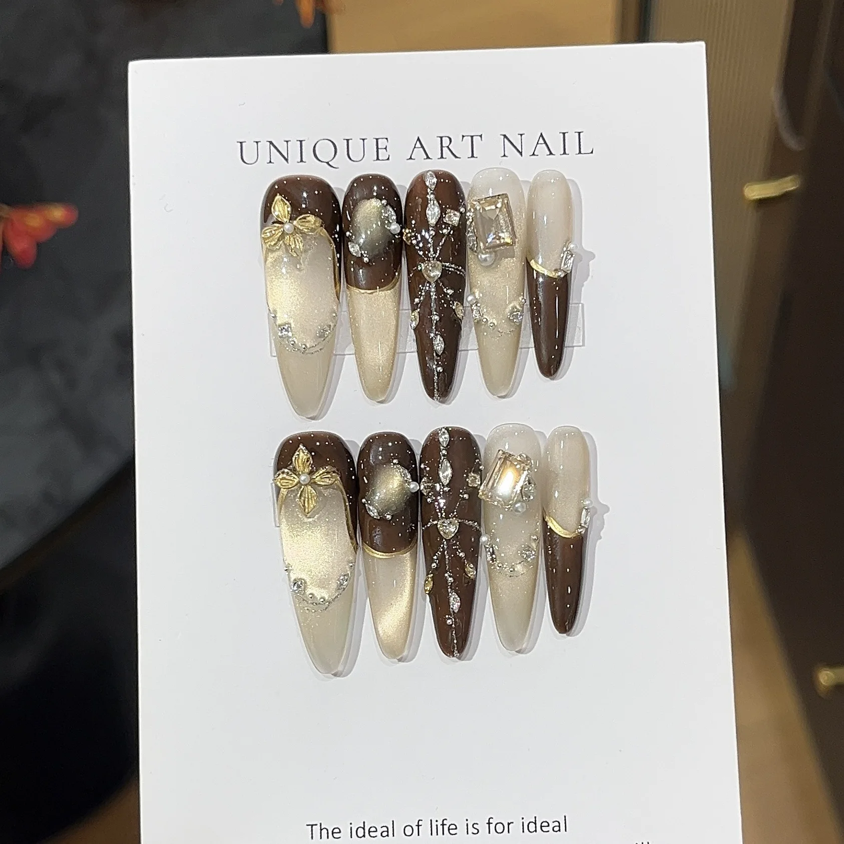 10 قطعة الصحافة اليدوية على الأظافر ضوء عين القط الفرنسية الزركون المكسور الماس يرتدي درع الأظافر كاذبة اضغط على مسمار تلميح الفن #3