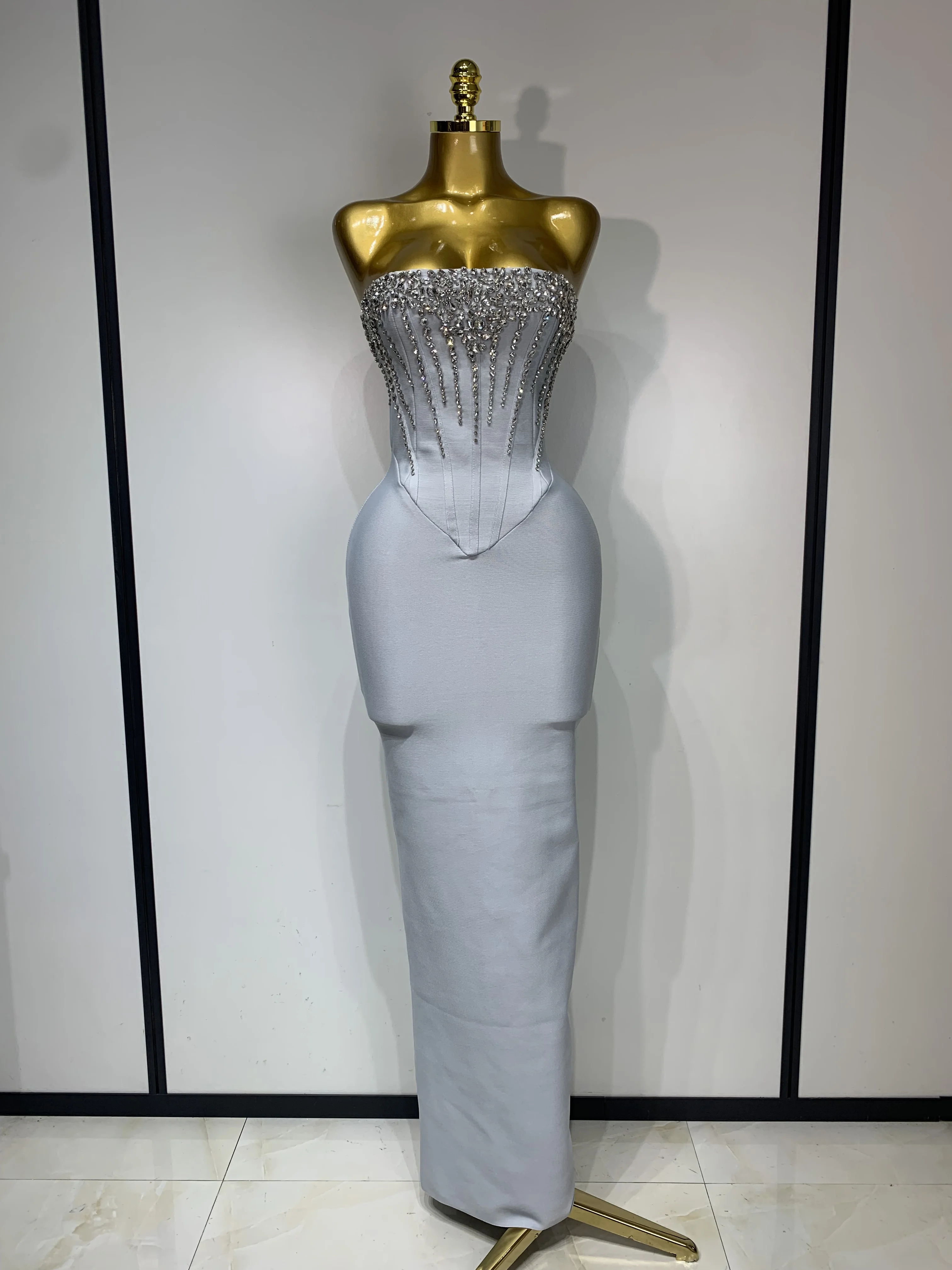 grey bandage dress Women Sexy Strapless Backless Long Bandage Dress Fashion Light Grey  Sleeveless Beading Cocktail Party Luxury Birthday Gown