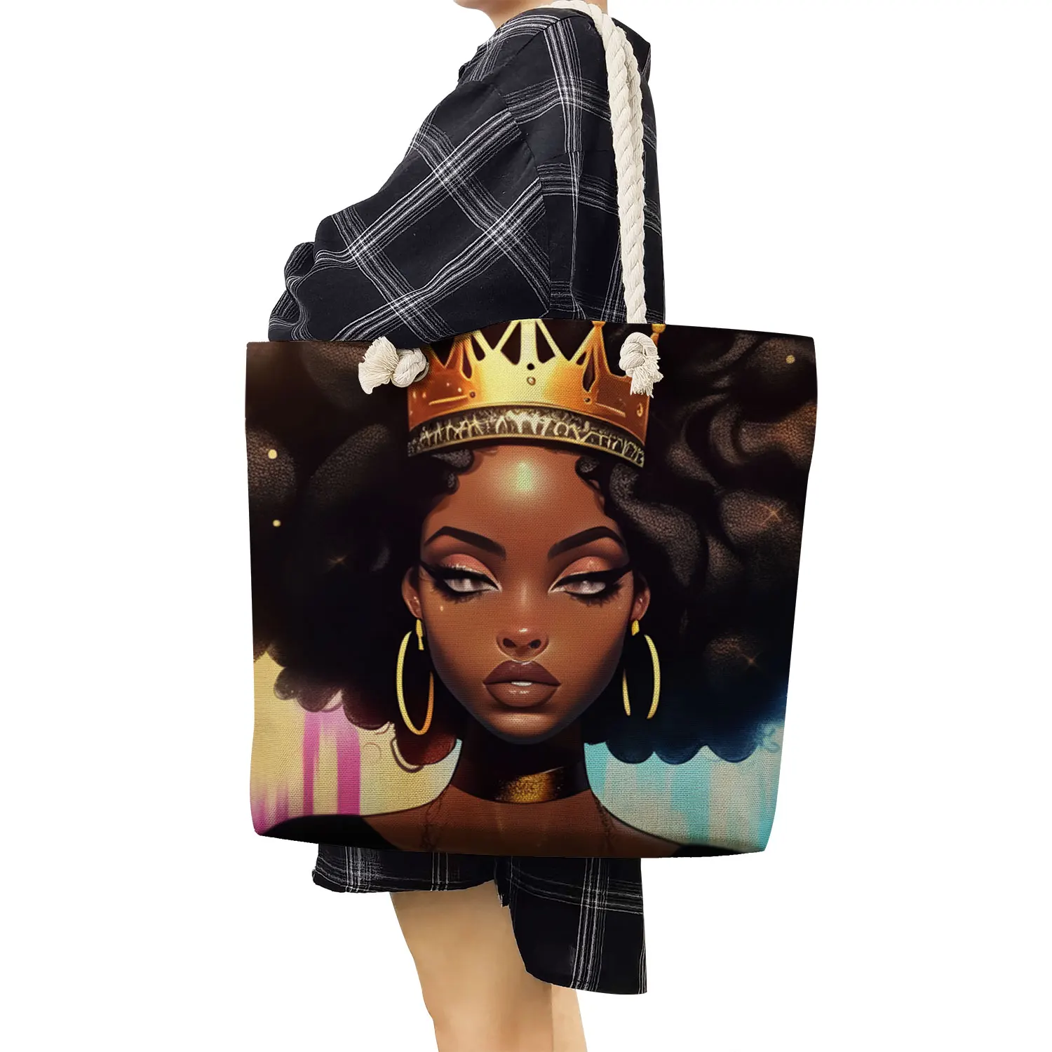 African Girl Print Handbags Groceries Totes Casual Daily Shopping Bags Women Shoulder Bags Pretty Black Girls Travel Beach Bags