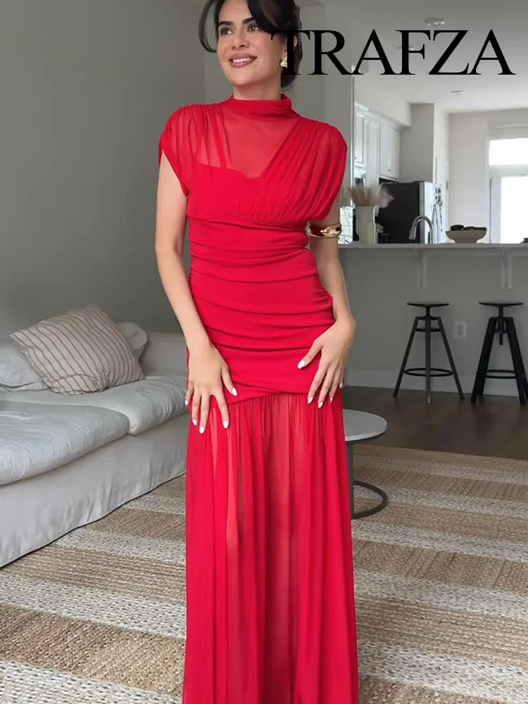 

TRAFZA Woman Elegant Chic Pleated Splicing Design Zipper Tulle Beach Party Dress Summer Women Sexy Sleeveless Midi Dress Mujer