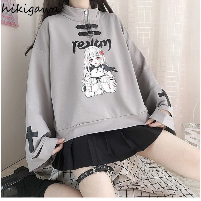 Japanese Hoodies Women Harajuku Half High Collar Long Sleeve Tops 2023 Ropa Mujer Fashion Cartoon Anime Print Sweatshirts 27i669