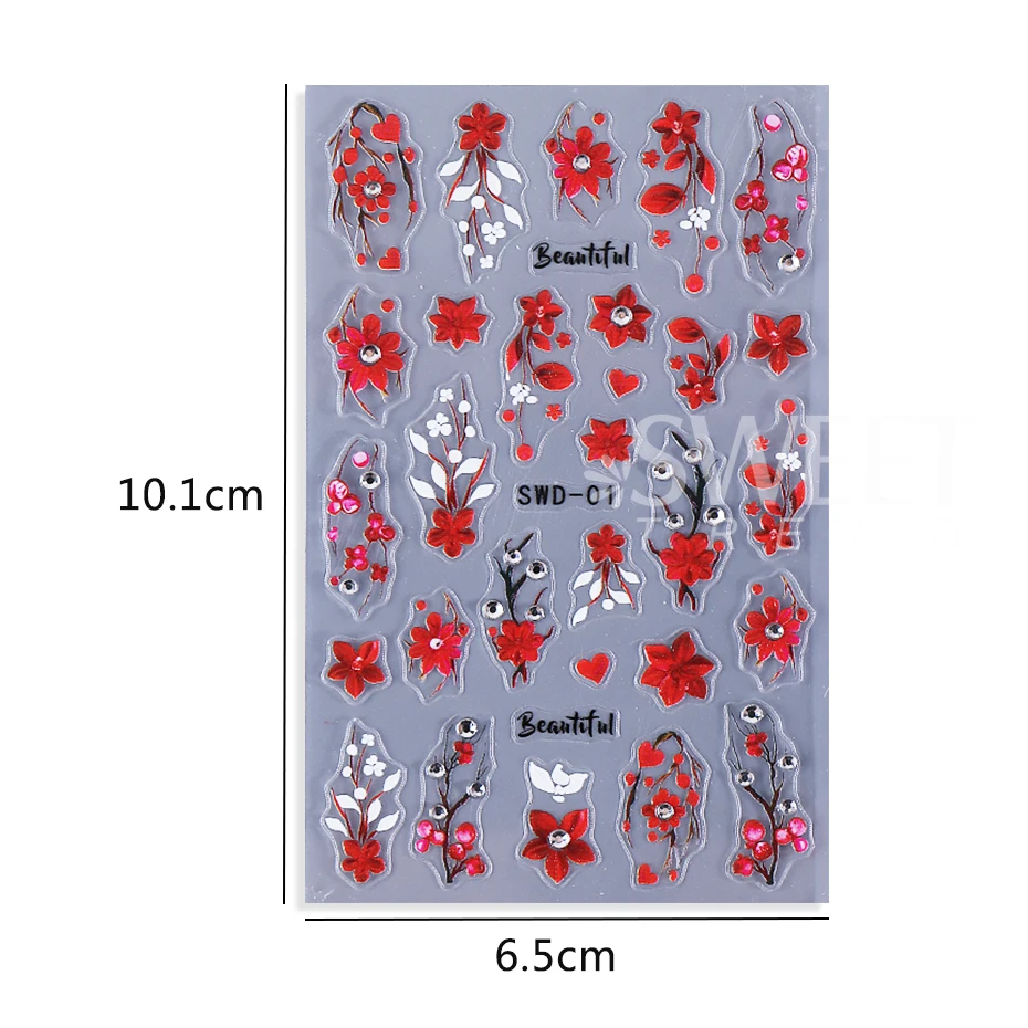2 個エンボスフラワーネイルアートステッカーラインストーン付き赤い花びらネイルデカール自己粘着スライダーマニキュアデコレーション