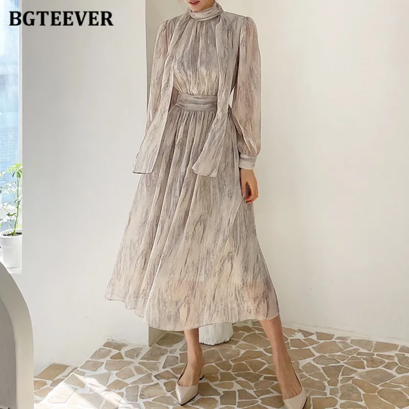 BGTEEVER Elegant Stand Collar Floral Printed Dress for Women Summer Slim Waist Long Sleeve Female A-line Dress vestidos