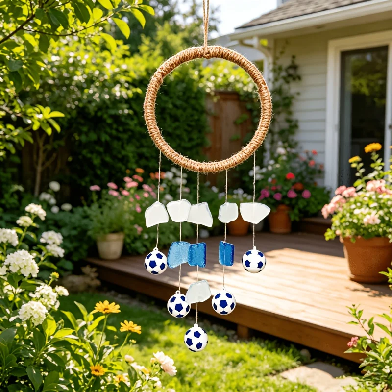 

Football - Themed Sea Glass Wind Chime, Hand-Woven Hemp Rope Round Hanging Ornament, Suitable for Bedroom Windowsill Decoration.