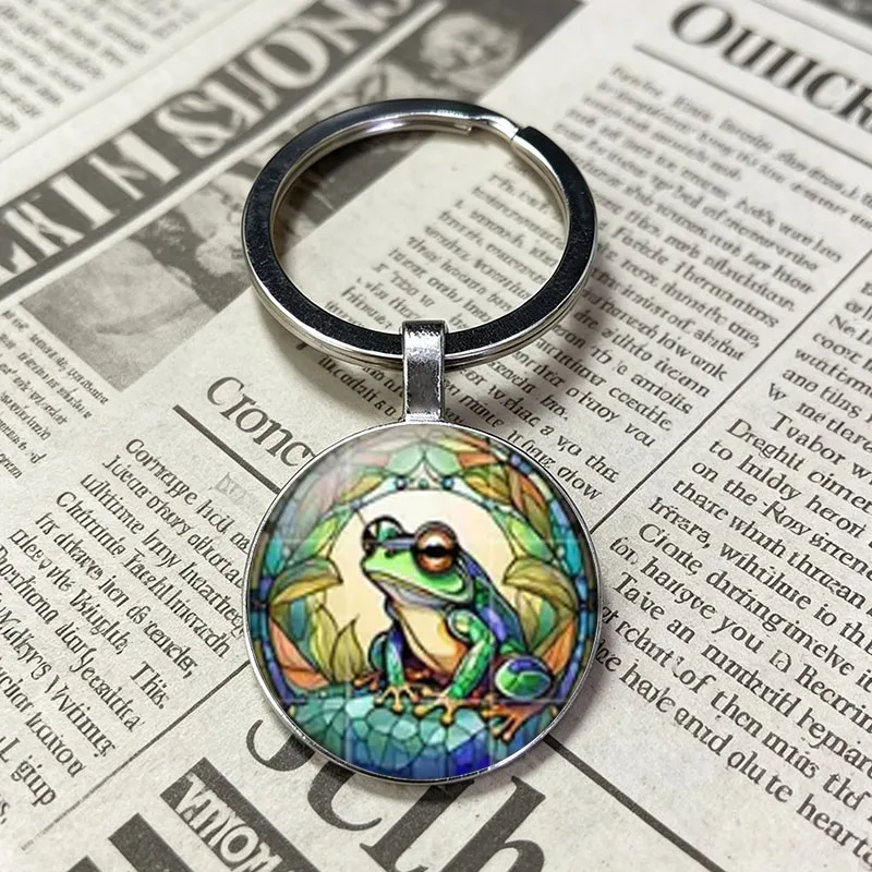Vintage Thin Gold Line Grid Stained Glass Tree Frog Glass Cabochon Keychain, Retro Rainforest Decorative Carry Keychain Charm